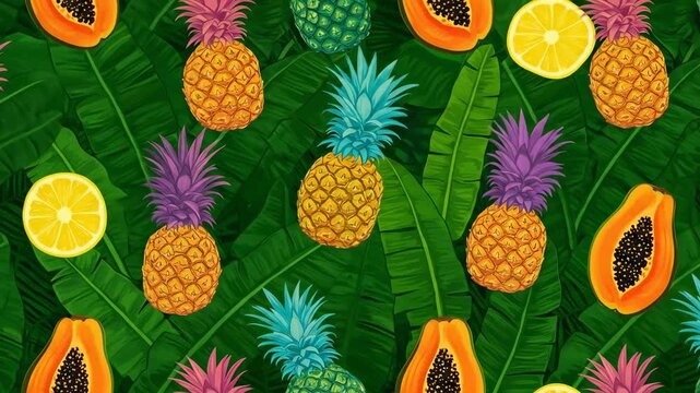 Vibrant Tropical Fruits and Leaves Seamless Pattern