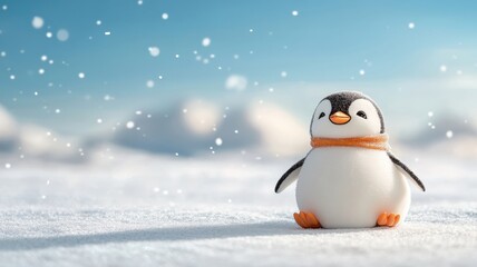 Charming penguin sliding across a snowy landscape, with snowflakes falling on its feathers and the wintery setting adding to the playful atmosphere.