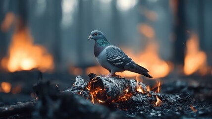 Dramatic pigeon navigating through a smoky forest engulfed in flames, its feathers contrasting with the intense heat and fiery backdrop.
