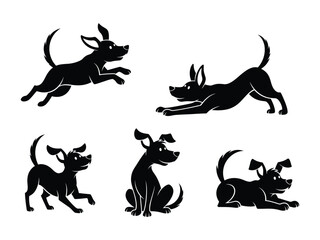 Playful Pup Silhouette Collection: A delightful collection of black silhouette images captures the dynamic actions and expressive postures of a happy dog across various animated poses.