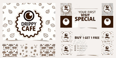 Drippy cafe branding and promotions with coffee cup logo