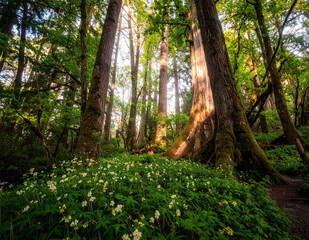 Golden sun rays streaming through lush forest meadow filled with wildflowers and tall trees