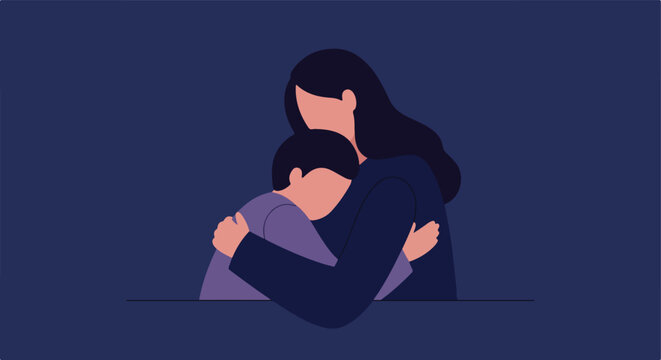 Woman hugging a child, dark background, showing care and protection in simple art