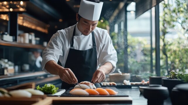 Sushi chef slicing fresh fish for sashimi in a traditional kitchen, highlighting precision and skill in preparation. - Powered by Adobe
