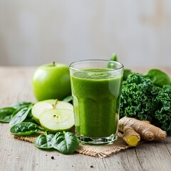 a green smoothie in a clear glass on a wooden table, surrounded by fresh spinach, kale, apple slices, and a hint of ginger. Natural light from a window illuminates the scene, creating soft shadows. 
