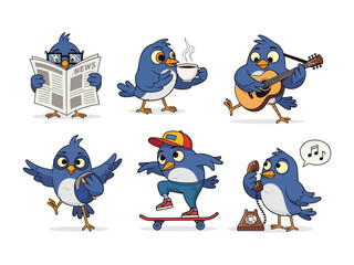 Cartoon Bird's Daily Life: Playful birds engaged in everyday activities, from reading the newspaper, playing guitar, using the telephone, to skateboarding.