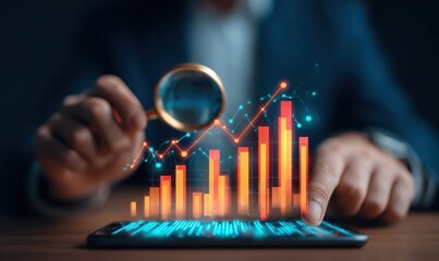 Businessman analyzing growth chart on a phone