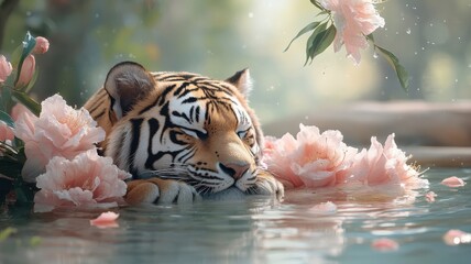 A tiger enjoying a luxurious spa surrounded by exotic flowers and serene water features.