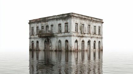 Naklejka premium An old, waterlogged building in a flood, isolated on white