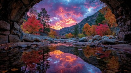 Autumnal vista reflected in a tranquil creek, through an archway