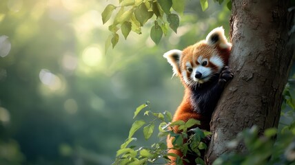A red panda climbing a tree in a lush forest with dappled sunlight and rich green foliage all around.