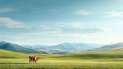 A cow grazing peacefully in a green meadow with a clear blue sky and gentle sunlight illuminating the tranquil landscape.