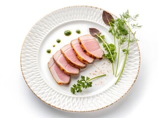 Beautifully sliced seared tuna steak with fresh greens on a white plate