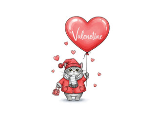 Valentine Cat's Celebration: A charming illustration of a feline, adorned in a cozy winter ensemble, clutches a heart-shaped balloon, surrounded by floating hearts.