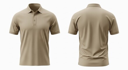 Beige men's polo shirt mockup with front and back view isolated on white background.