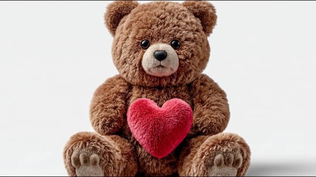 A cute brown teddy bear sitting and holding a fluffy red heart, isolated on a white background, a charming symbol for valentine's day, romance, love confessions and pure affection