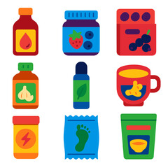 Health Supplement Icons. Flat vector icons of health supplements and natural remedies: iron-rich syrup bottle, berry antioxidant