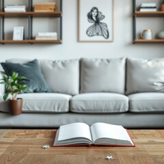 A book mockup sits on a wooden table in a minimalist living room providing a canvas for creative design ideas book mockup blank template professional presentation blank empty 