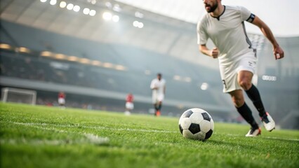 Obraz premium Close-up of professional soccer player dribbling ball — intense action on green grass stadium pitch 