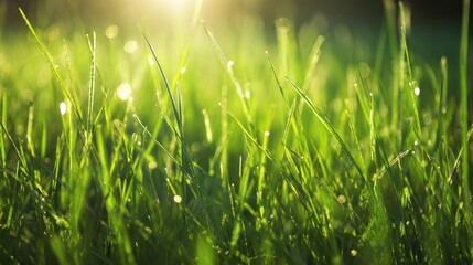 Obraz premium Peaceful sunrise over an open green meadow with dewdrops sparkling in soft light