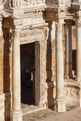 Amphitheatre classic columns in Hierapolis archeology landmark. Pamukkale, Turkey
