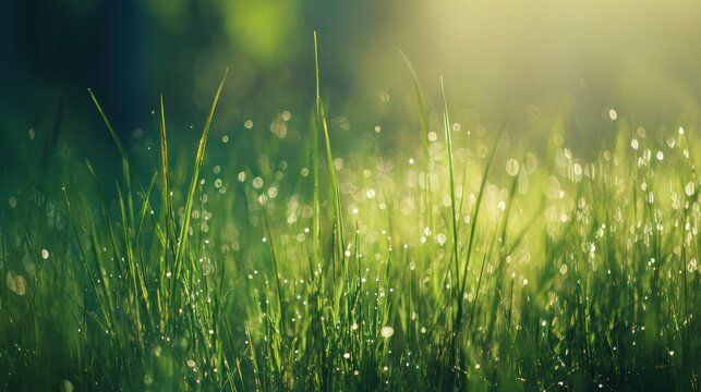 A tranquil sunrise over a lush green field, dewdrops glistening like tiny jewels in the morning light.