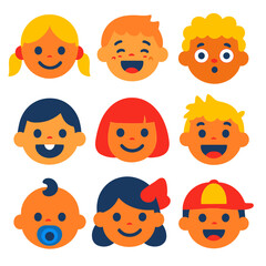 Colorful Kids Faces. Flat vector icons of children faces: smiling girl with ponytails, laughing boy with freckles, toddler with