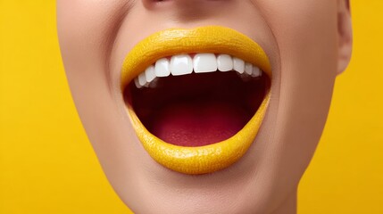 Woman with yellow lips and a yellow background. The woman is smiling and her mouth is wide open