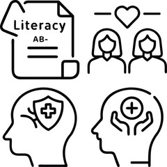 Four simple line art icons depicting literacy, community support, mental health, and healthcare services.