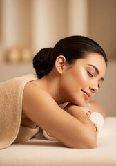 Fototapeta premium A beautiful woman with a serene smile lies on a massage table, resting her head on folded hands in a peaceful, softly lit spa environment, ready for a treatment.