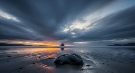 Dramatic Sunset Beachscape with Sea Stack Rock Formation  Long Exposure Coastal Landscape Photography for Wall Art Prints