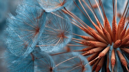 Delicate, ethereal seed heads, feathery and spiky, in teal and orange hues