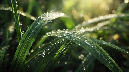 Dewdrops cling to green blades of grass, backlit by soft morning sunlight