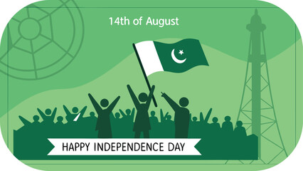 Pakistan Independence Day celebration with flag and cheering crowd on August 14 national flag