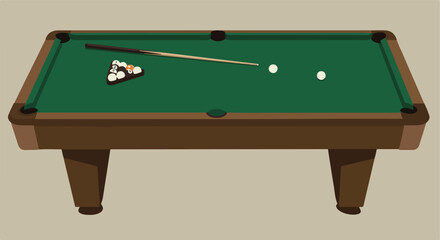 An illustration of a billiard table with balls and stick on a green surface