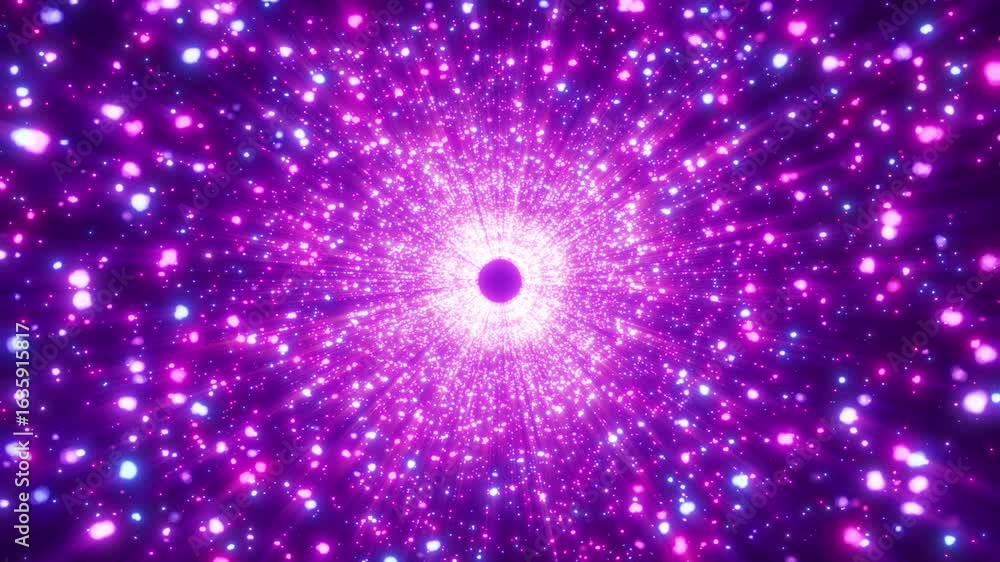 Poster colorful explosion of glittering particles. hyperspace jump through stars into space. animation at t