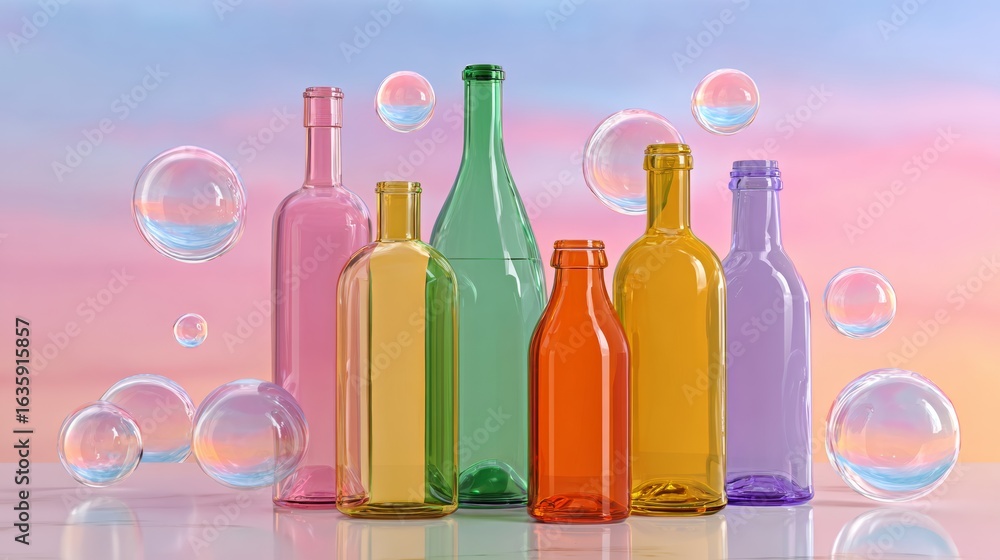 Poster colorful array of glass bottles and bubbles. the bottles are of different colors and sizes, and the 