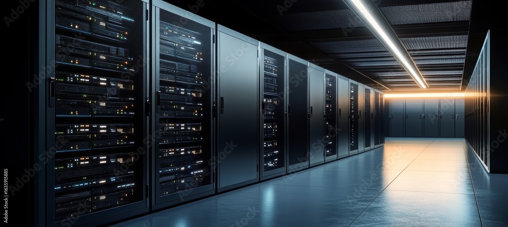 Poster neon-lit server room featuring advanced network storage and computing equipment in rows.