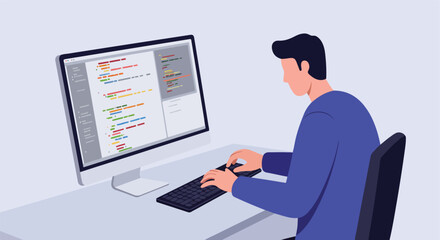 Man sits coding, editing lines of colorful code on a computer at a light desk