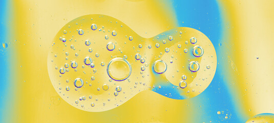 Macro image of oil bubbles in water on vibrant yellow and blue background. Abstract scientific...