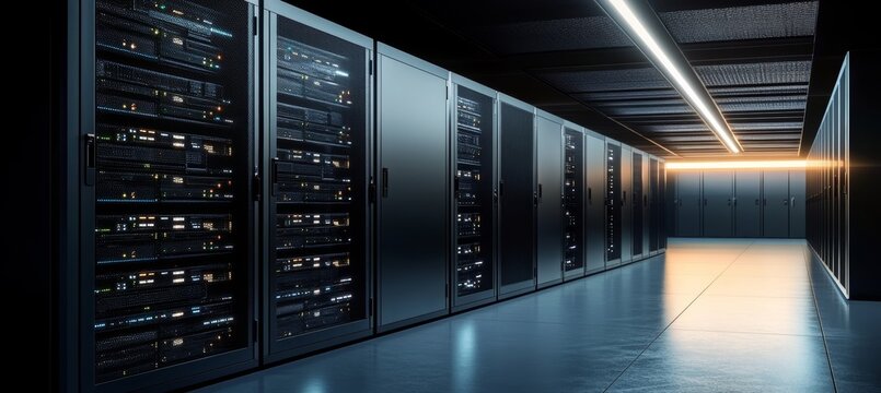 Neon-lit server room featuring advanced network storage and computing equipment in rows.
