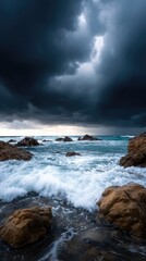 Dramatic coastal scene with powerful waves crashing on rocks under a stormy sky.