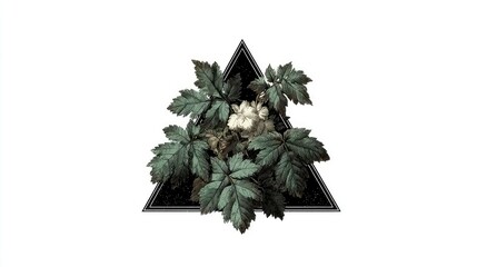 Botanical design, dark triangle frame, leaves, flower