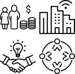 A collection of four simple line art icons depicting people, money, buildings, an idea, and teamwork, symbolizing business concepts.