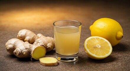 setup featuring a glass of homemade ginger shot, surrounded by fresh ginger root, lemon, and a shot glass, on a textured stone surface with warm, diffused lighting. 