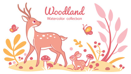 Obraz premium Adorable fawn and deer with butterflies and mushrooms in a pink and orange forest woodland