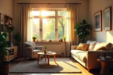 A cozy living room scene, sunlight streaming through a window, highlighting comfortable furniture and personal belongings, creating a feeling of warmth and relaxation , lamp, lifestyle, peace