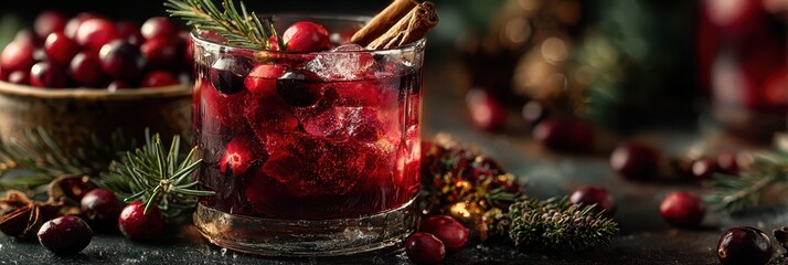 Festive drink garnished with cranberries and spices on a dark table during winter celebration