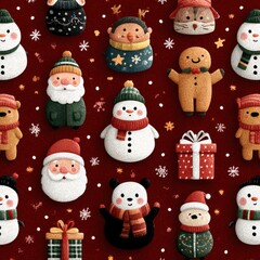 Colorful holiday decorations featuring various festive characters on a red background for winter celebrations