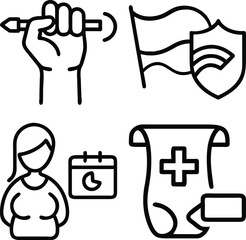Four distinct outline icons representing a fist holding a pen, a flag with a shield, a woman with a calendar, and a medical document.